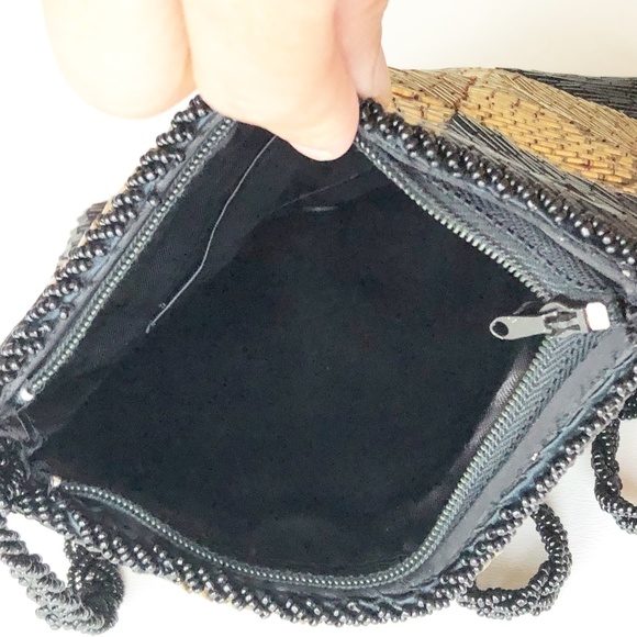 VTG Hand Beaded Shoulder Bag Checkered Gold Black - Picture 7 of 11